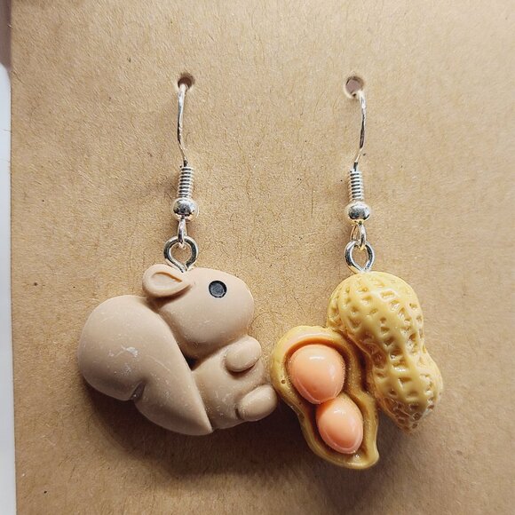 Handmade Jewelry - Squirrel and Peanuts Dangle Drop Earrings NEW Women's Fun Gifting Quirky Casual
